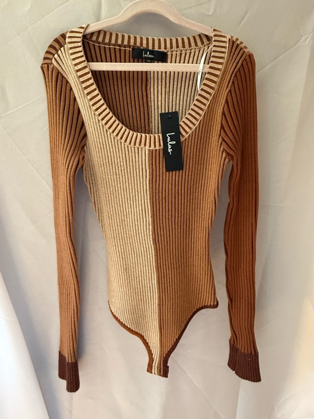 Lulu's Two-Tone Ribbed Scoop Neck Bodysuit - Camel & Cream